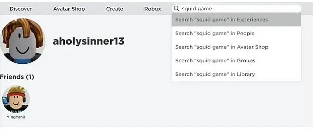 Kurulduktan sonra tekrar Roblox web sitesine gidin ve hesabınıza giriş yapın. En üstteki arama çubuğuna “Kalamar Oyunu” yazın ve Deneyimler seçeneğinde “Kalamar Oyunu” Ara’yı seçin.